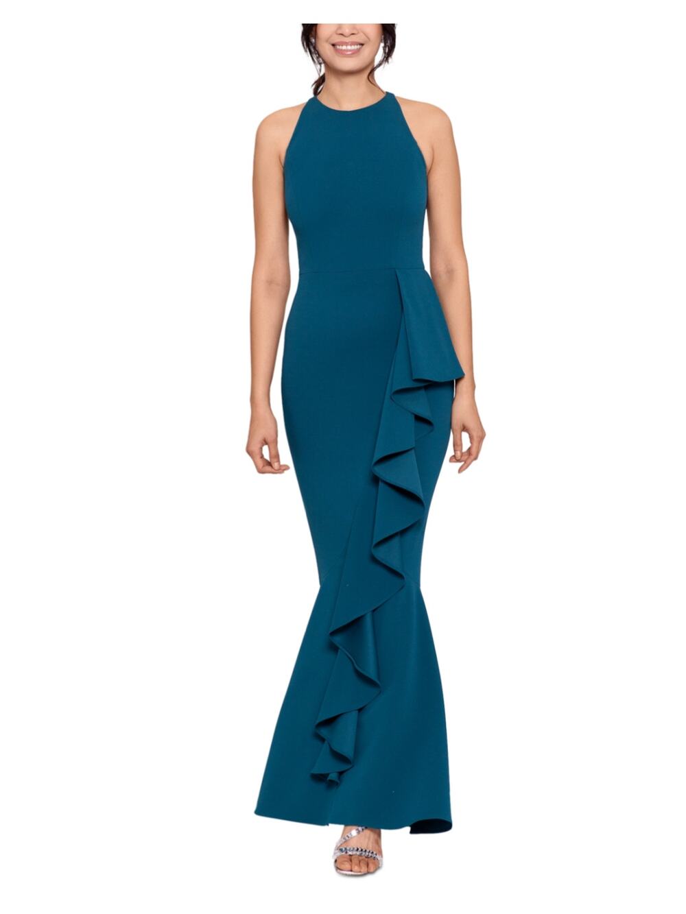 Betsy & Adam Blue Evening Gown Ruffled Halter Long Formal Mermaid Dress Size 6